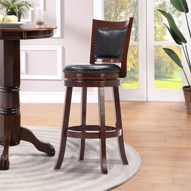 Pemberly Row Hardwood Bar Height Swivel Stool with Brass Nailhead in Cherry