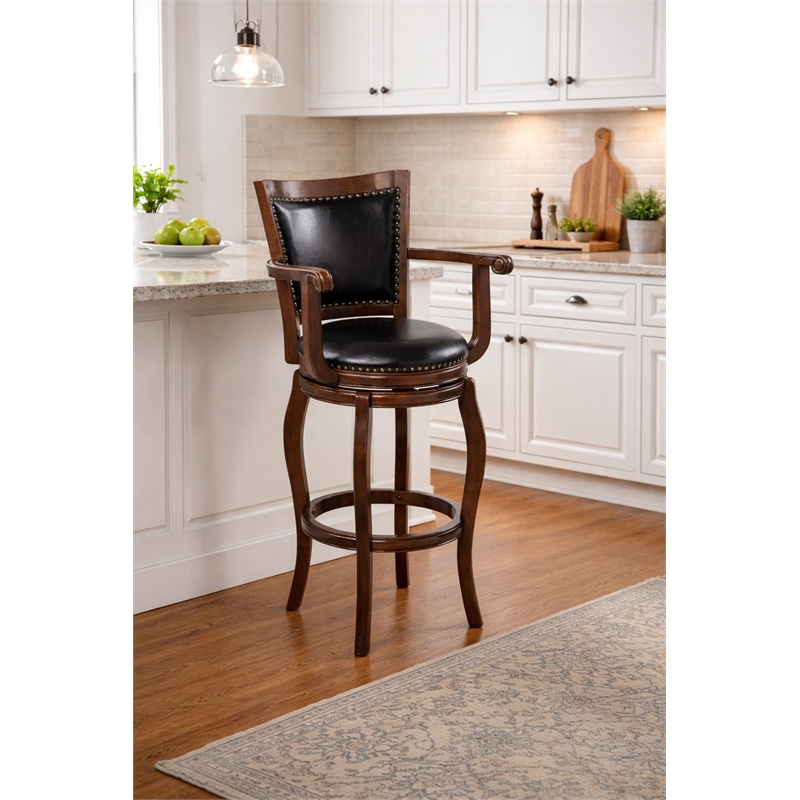 Pemberly Row Extra Tall Hardwood Swivel Bar Stool Button Tufted in Cappuccino