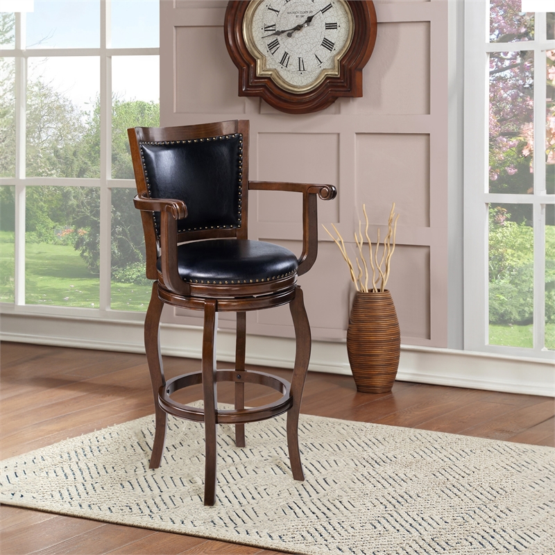 Pemberly Row Extra Tall Hardwood Swivel Bar Stool Button Tufted in Cappuccino