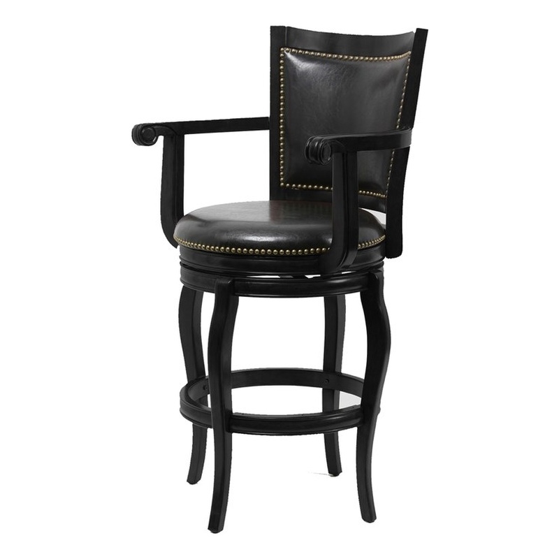 Pemberly Row Rubberwood Bar Height Swivel Stool with Nailhead Trim in Black
