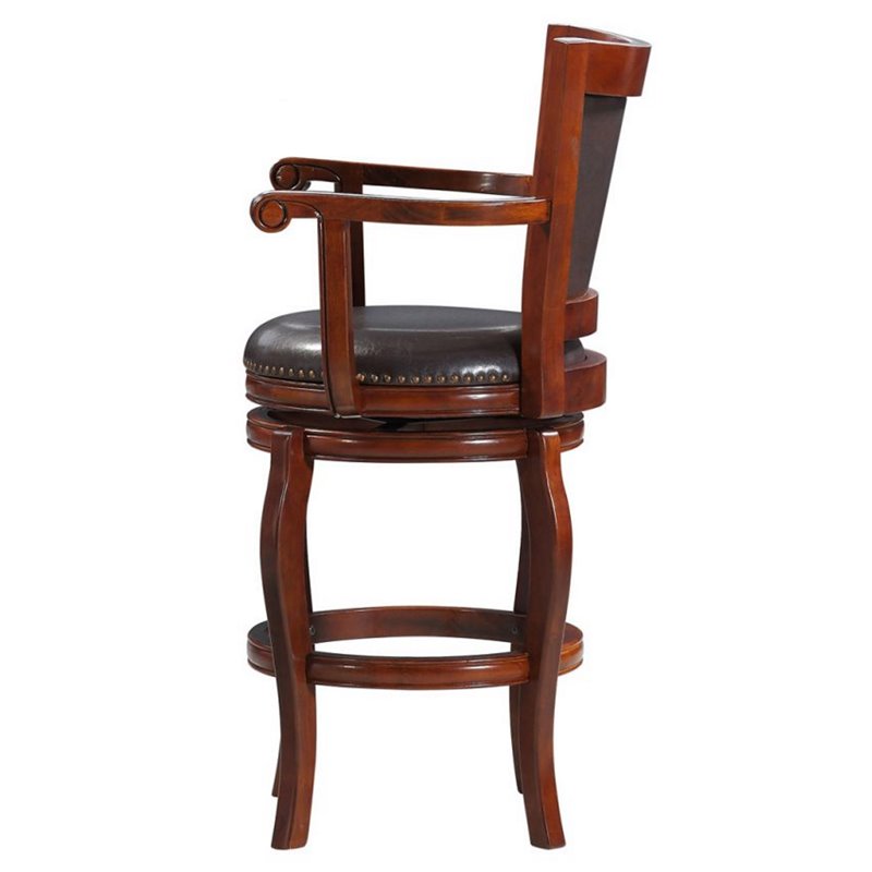 Pemberly Row Hardwood Bar Height Swivel Stool with Brown Faux Leather in Cherry