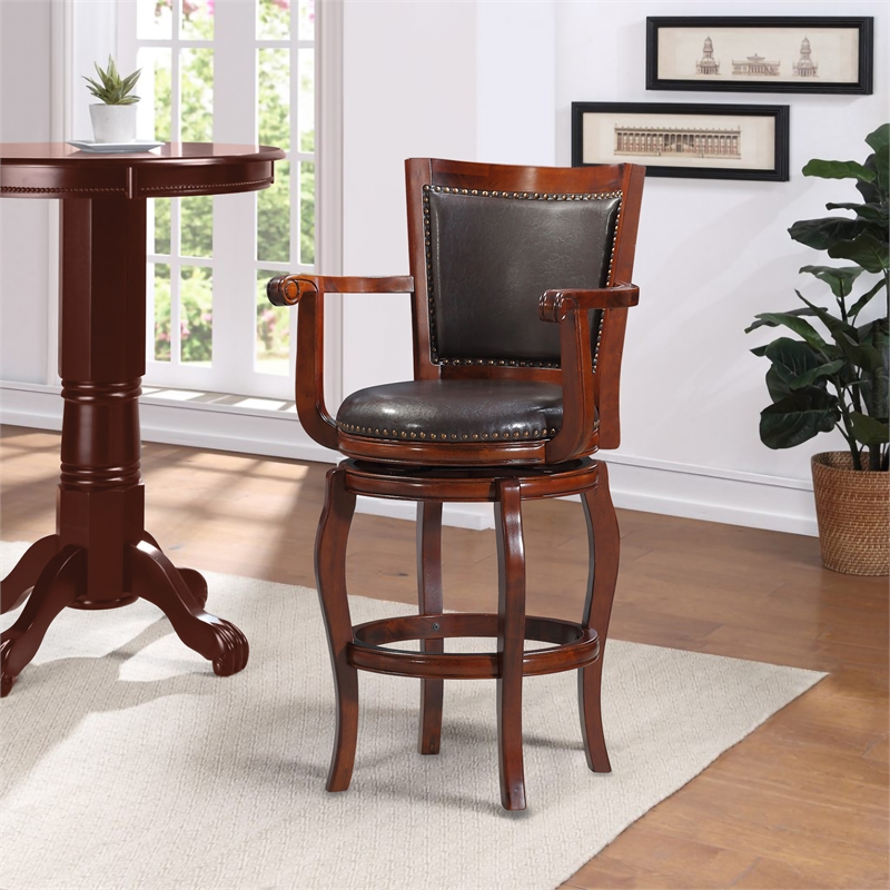 Pemberly Row Hardwood Bar Height Swivel Stool with Brown Faux Leather in Cherry