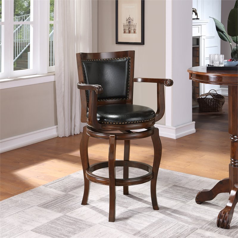 Pemberly Row Rubberwood Bar Height Swivel Stool with Armrests in Cappuccino