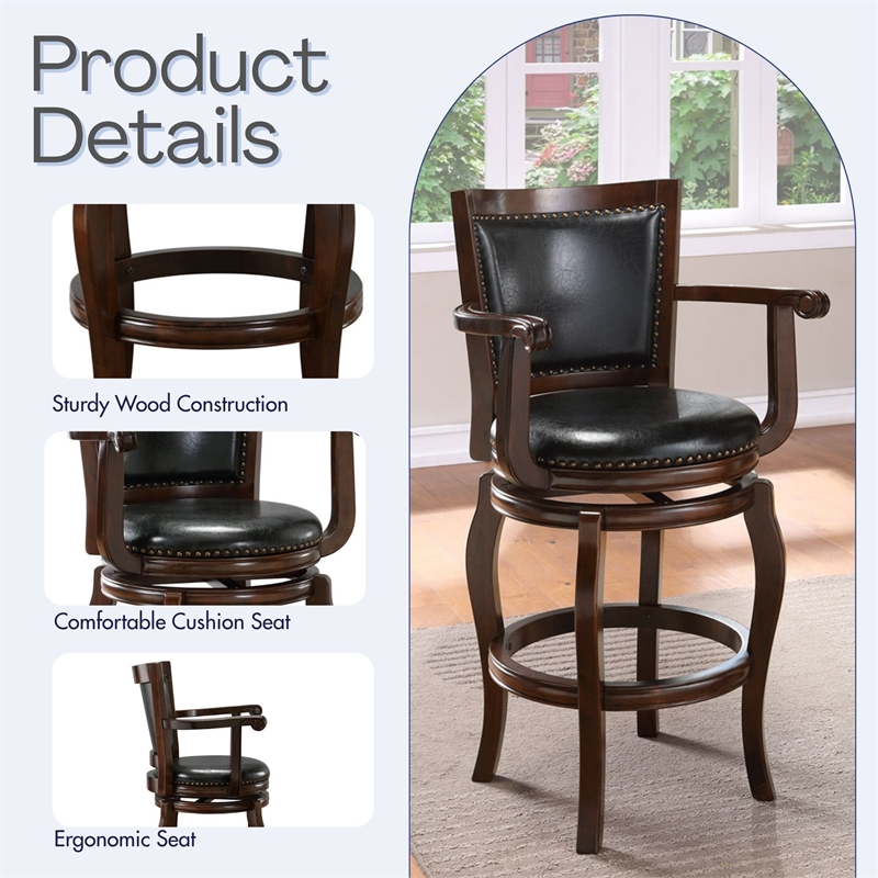 Pemberly Row Rubberwood Bar Height Swivel Stool with Armrests in Cappuccino