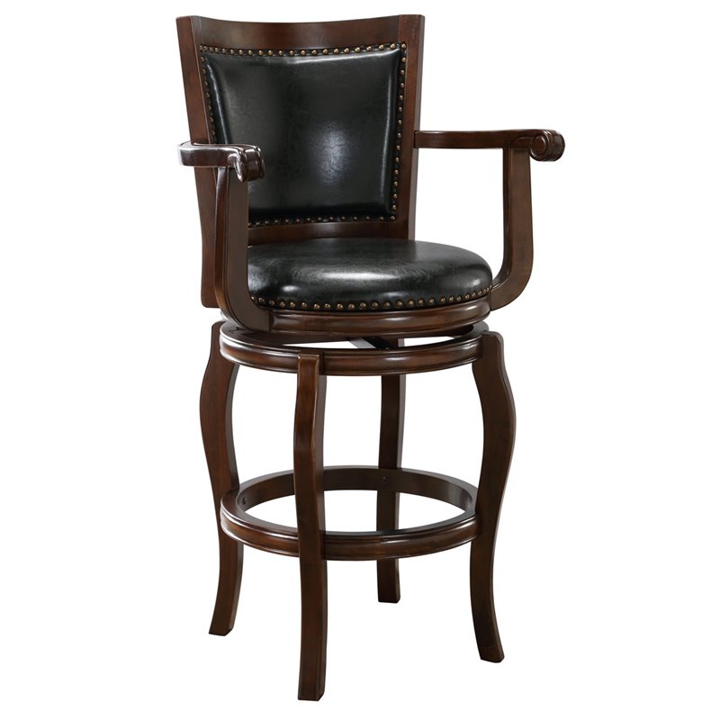 Pemberly Row Rubberwood Bar Height Swivel Stool with Armrests in Cappuccino