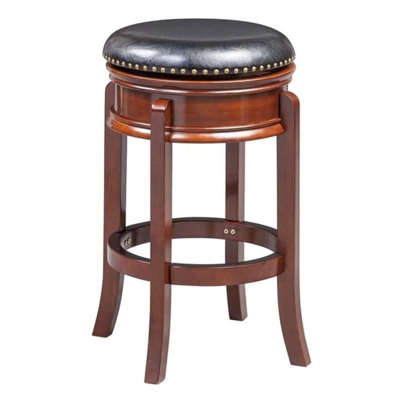 Pemberly Row Rubberwood Backless Swivel Bar Stool Brass Nailhead in Cherry