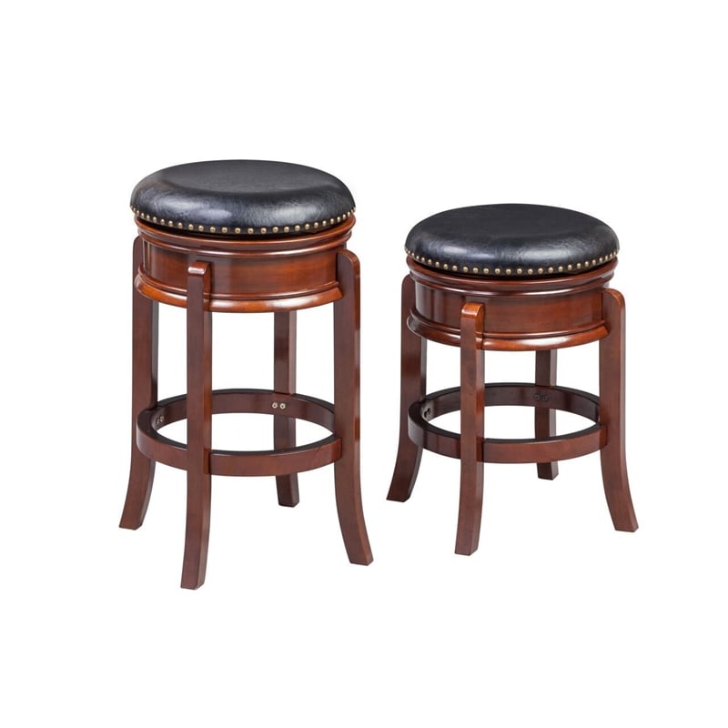 Pemberly Row Rubberwood Counter Height Swivel Stool Brass Nailhead in Cherry