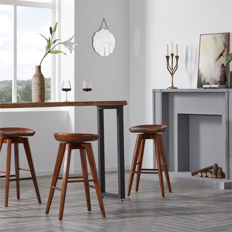 Pemberly Row Hardwood Bar Height Backless Swivel Stool Contoured Seat in Walnut