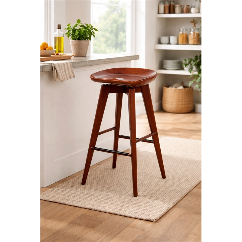 Pemberly Row Hardwood Bar Height Backless Swivel Stool Contoured Seat in Walnut