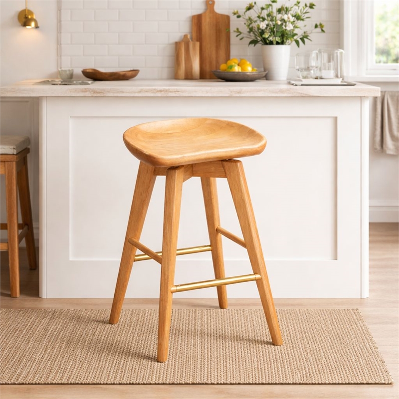 Pemberly Row Hardwood Backless Counter Swivel Stool Contoured Seat in Natural
