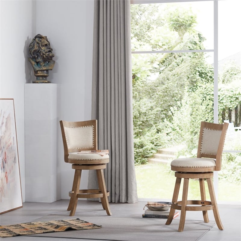 Pemberly Row Rubberwood Nailhead Swivel Counter Stool in Driftwood and Ivory