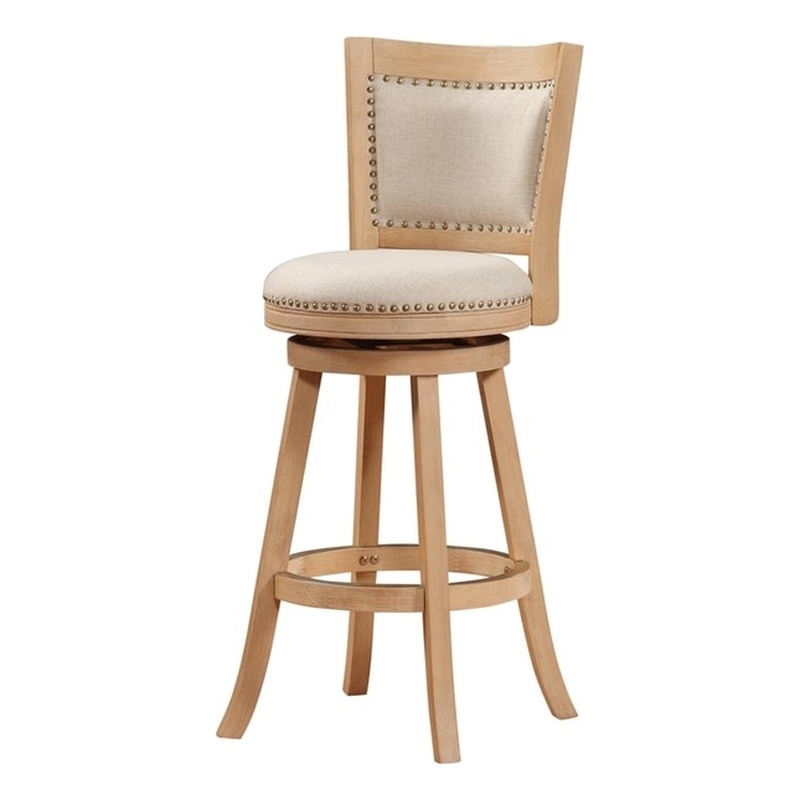 Pemberly Row Rubberwood Nailhead Swivel Bar Stool with Linen Seat in Cream