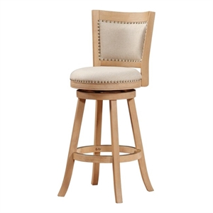 Pemberly Row Rubberwood Nailhead Swivel Bar Stool with Linen Seat in Cream