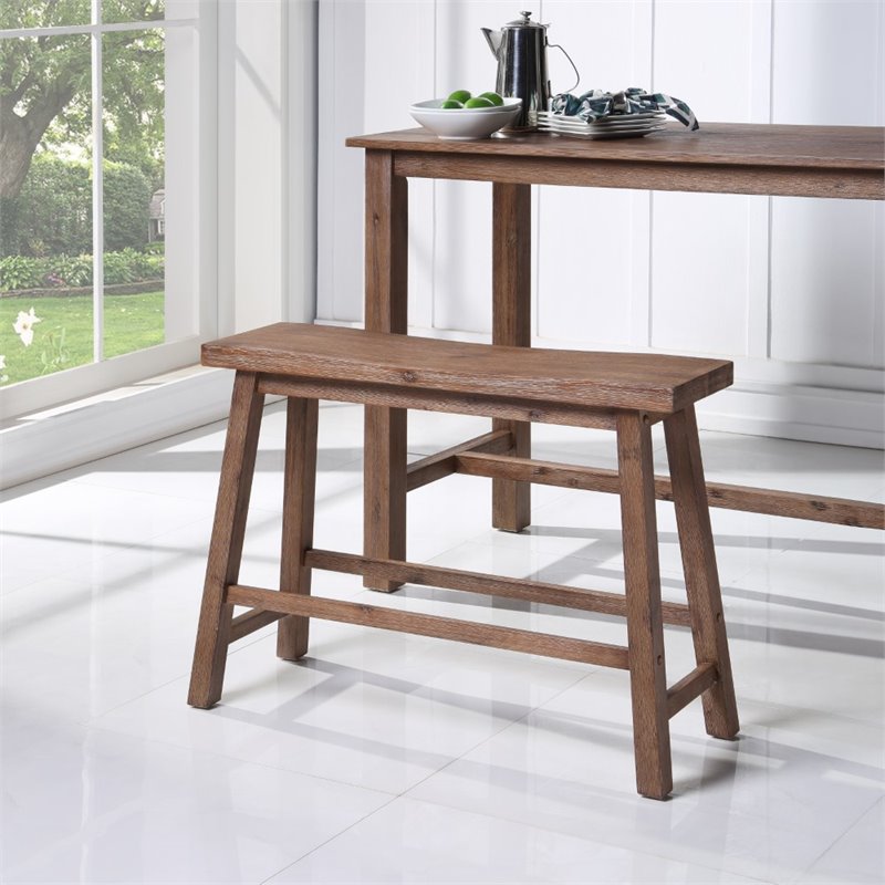Pemberly Row Acacia Wood Farmhouse Contoured Saddle Bench in Barnwood