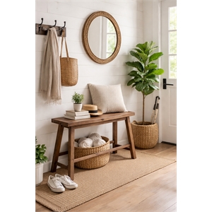 Pemberly Row Acacia Wood Farmhouse Contoured Saddle Bench in Barnwood