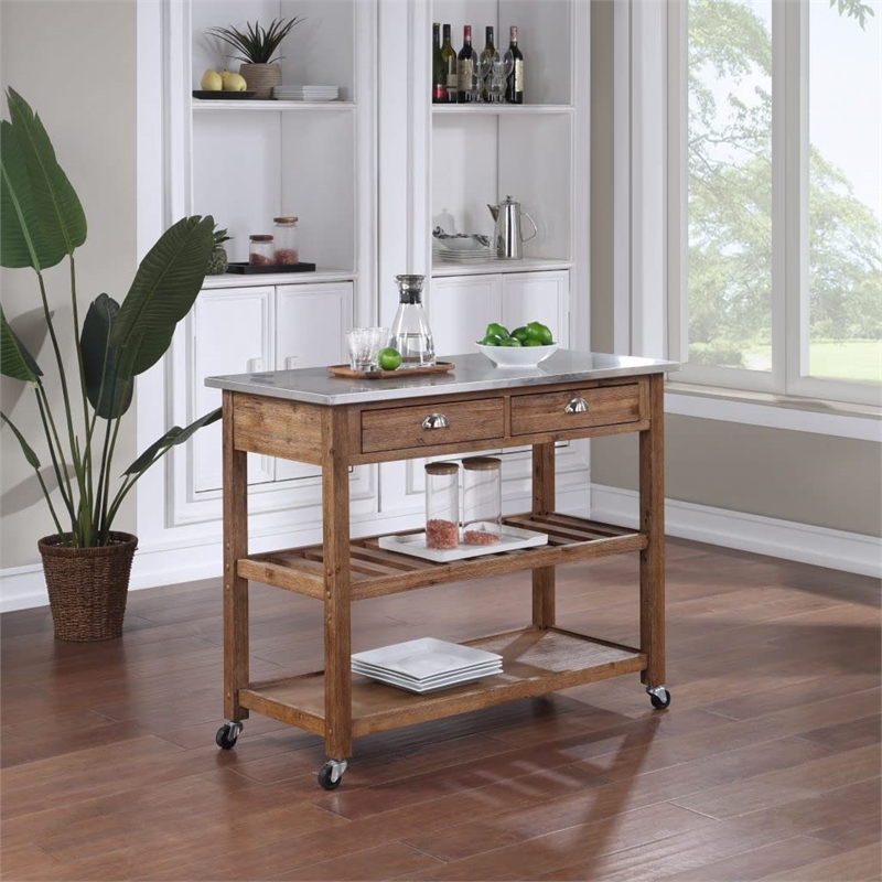Pemberly Row Rubberwood Kitchen Cart with Stainless Steel Top in Barnwood