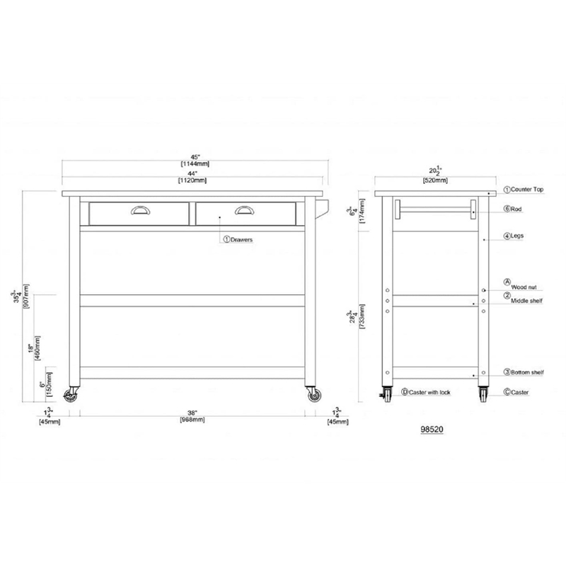 Pemberly Row Rubberwood Kitchen Cart with Stainless Steel Top in Barnwood