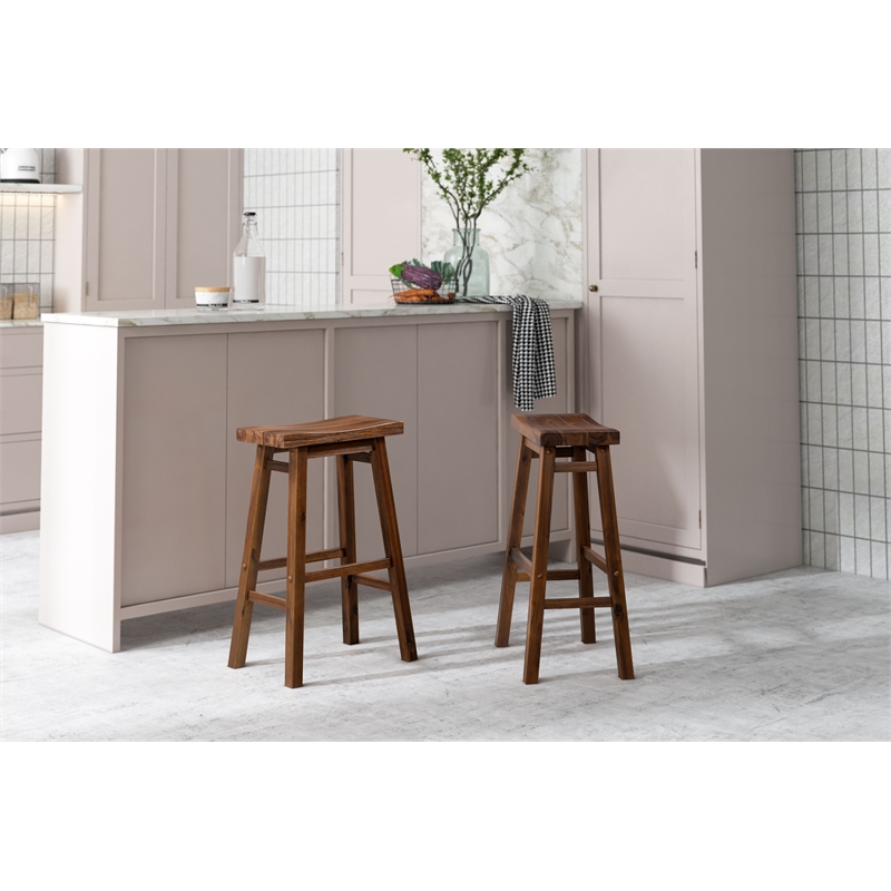 Pemberly Row Acacia Wood Saddle Bar Stool (Set of 2) in Chestnut