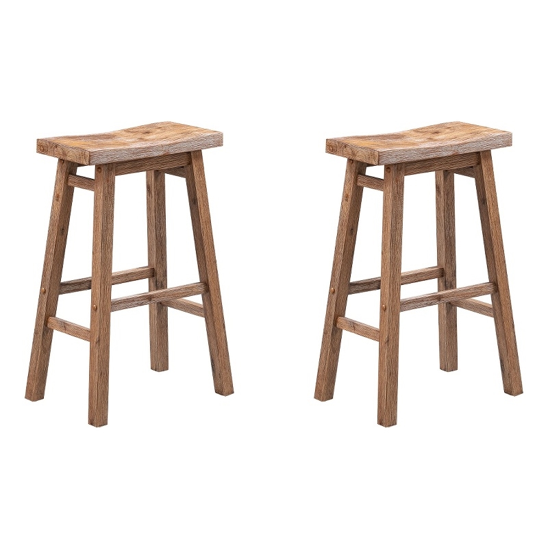 Pemberly Row Acacia Wood Backless Saddle Bar Stools (Set of 2) in Barnwood