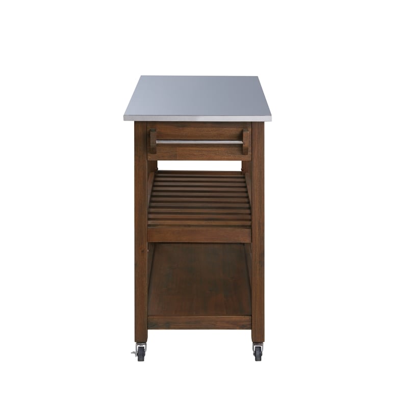 pemberly row rubberwood kitchen cart with stainless steel top in chestnut