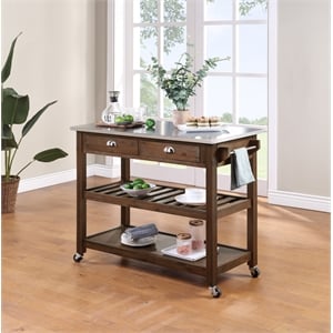 Pemberly Row Rubberwood Kitchen Cart with Stainless Steel Top in Chestnut