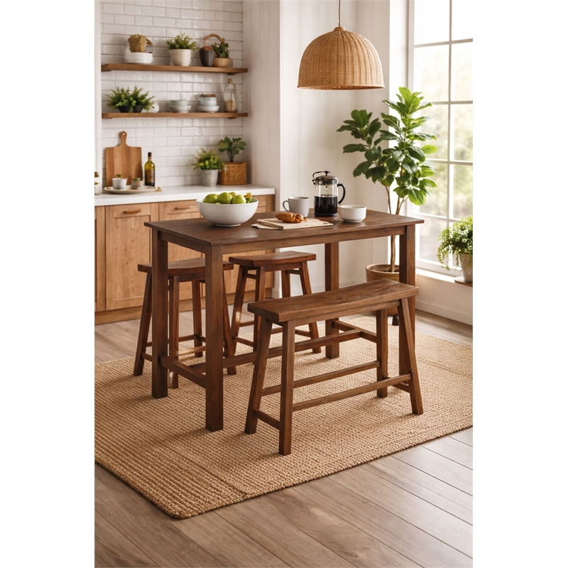 Pemberly Row Acacia Wood Pub Table for 4 in Chestnut Wire-Brush