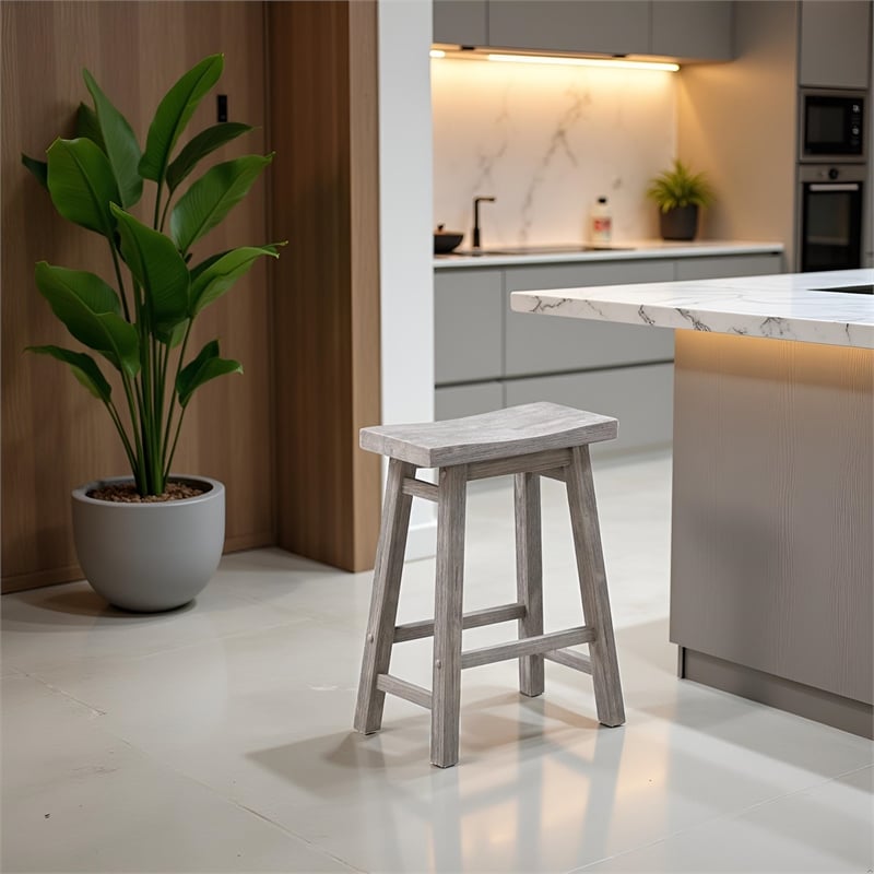 Pemberly Row Acacia Wood Saddle Counter Stool with Footrests in Storm Gray