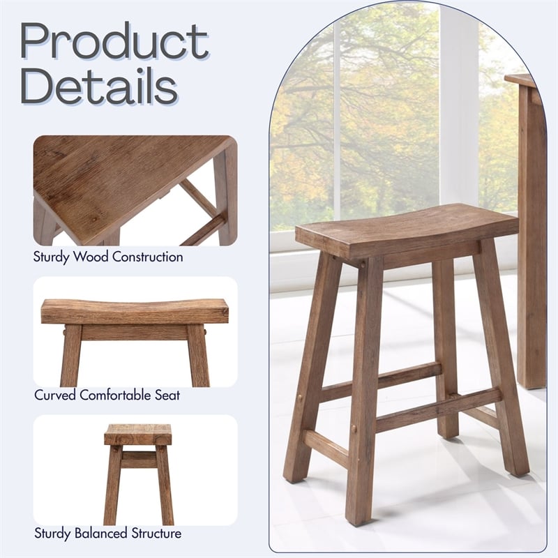 Pemberly Row Acacia Wood Saddle Counter Stool in Barnwood Brown