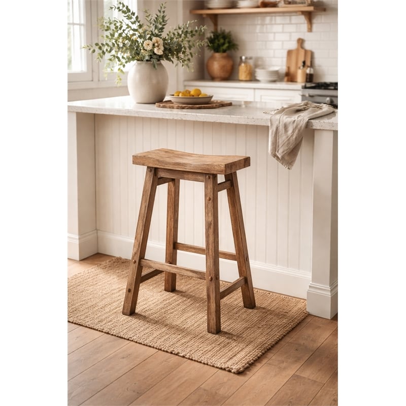 Pemberly Row Acacia Wood Saddle Counter Stool in Barnwood Brown