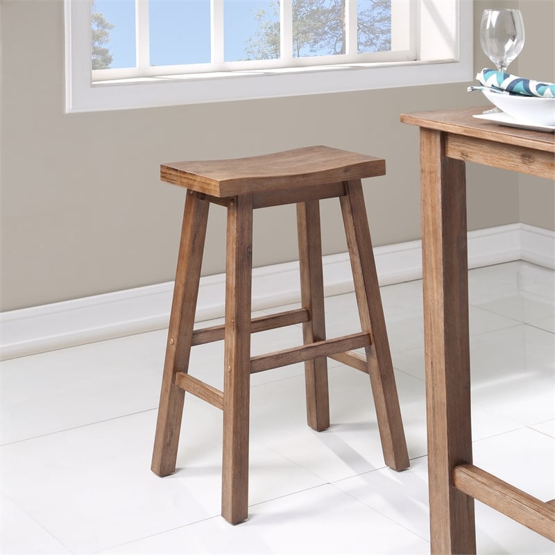 Pemberly Row Contemporary Acacia Wood Saddle Bar Stool in Barnwood