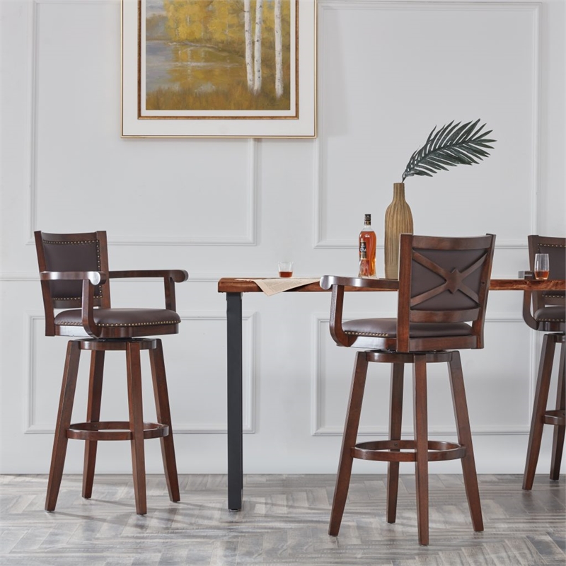 Pemberly Row Rubberwood Extra Tall Swivel Bar Stool in Cappuccino