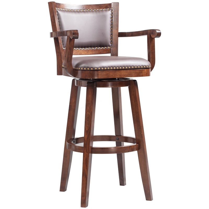 Pemberly Row Rubberwood Extra Tall Swivel Bar Stool in Cappuccino