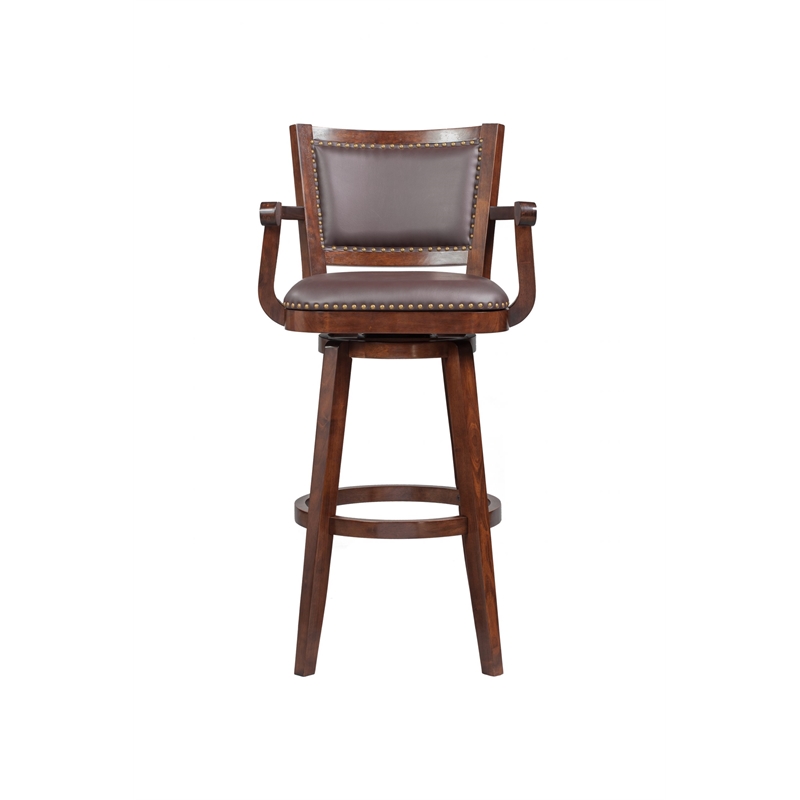 Pemberly Row Extra Tall Rubberwood Swivel Bar Stool with Arms in Cappuccino