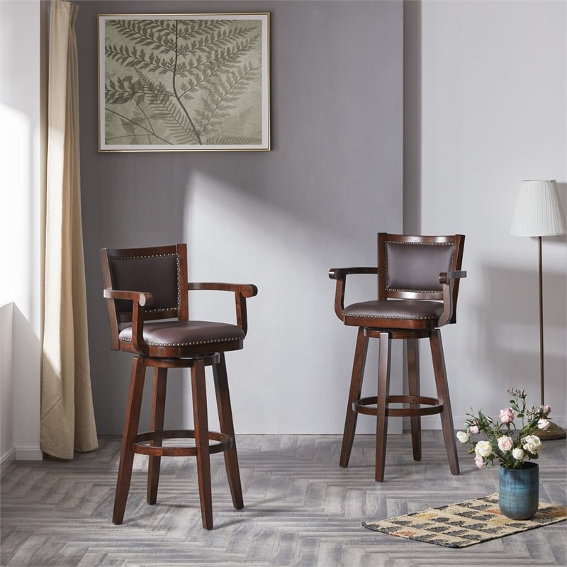 Pemberly Row Extra Tall Rubberwood Swivel Bar Stool with Arms in Cappuccino