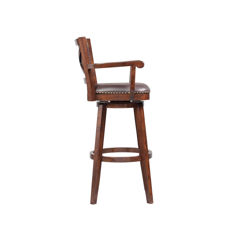 Pemberly Row Extra Tall Rubberwood Swivel Bar Stool with Arms in Cappuccino