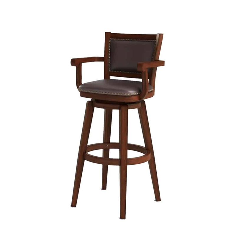 Pemberly Row Extra Tall Rubberwood Swivel Bar Stool with Arms in Cappuccino