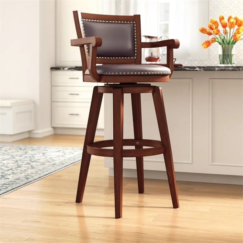 Pemberly Row Extra Tall Rubberwood Swivel Bar Stool with Arms in Cappuccino