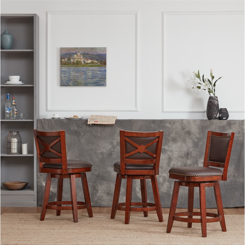 Pemberly Row Contemporary Rubberwood Swivel Counter Stool in Cherry