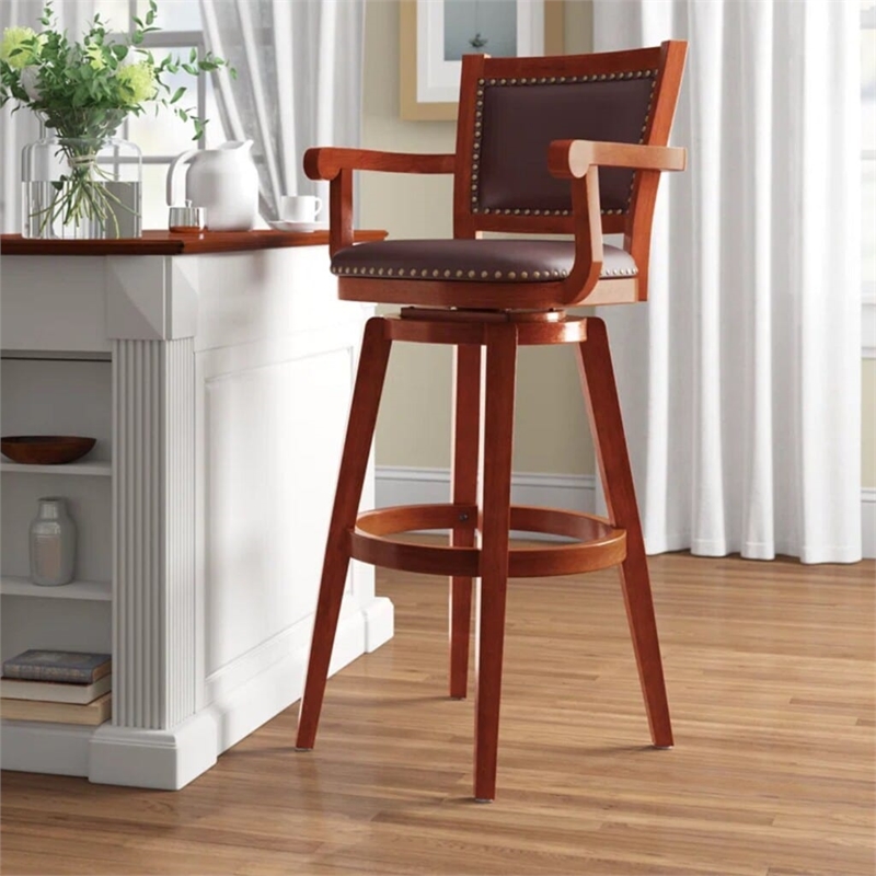 Pemberly Row Extra Tall Rubberwood Swivel Bar Stool with Arms in Cherry
