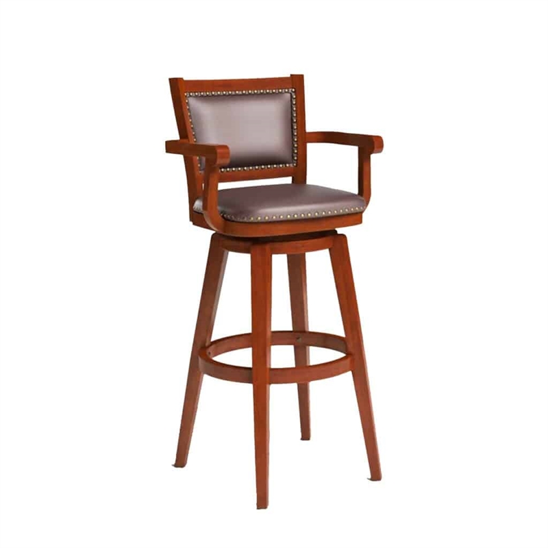 Pemberly Row Extra Tall Rubberwood Swivel Bar Stool with Arms in Cherry