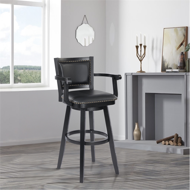 Pemberly Row Rubberwood Extra Tall Swivel Bar Stool in Black