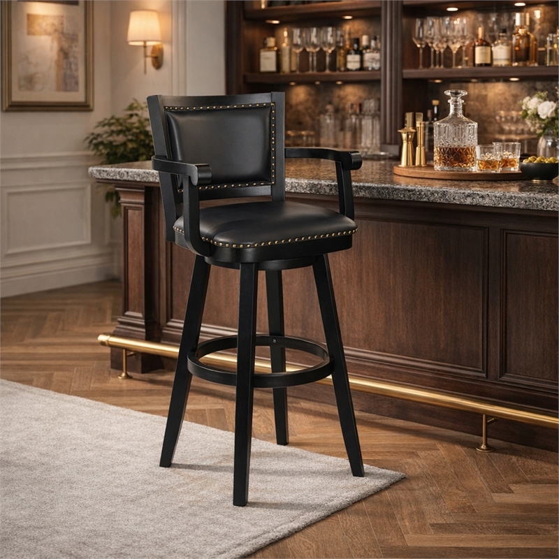 Pemberly Row Rubberwood Extra Tall Swivel Bar Stool in Black