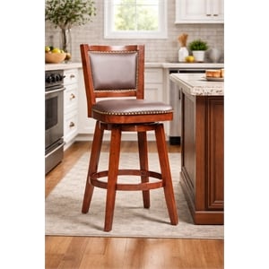 Pemberly Row Contemporary Rubberwood Swivel Bar Stool in Cherry