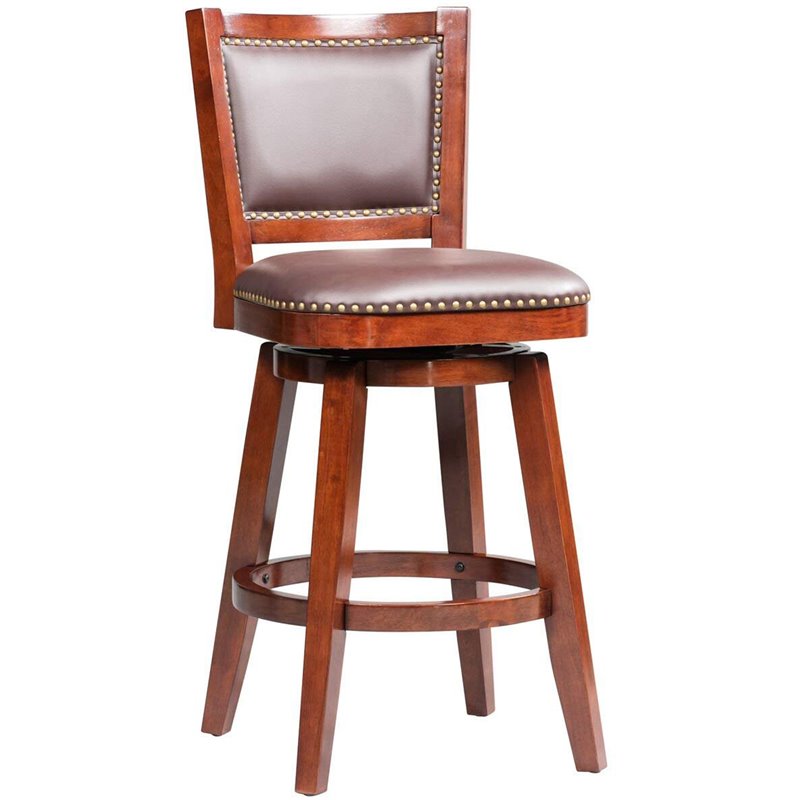 Pemberly Row Contemporary Rubberwood Swivel Bar Stool in Cherry