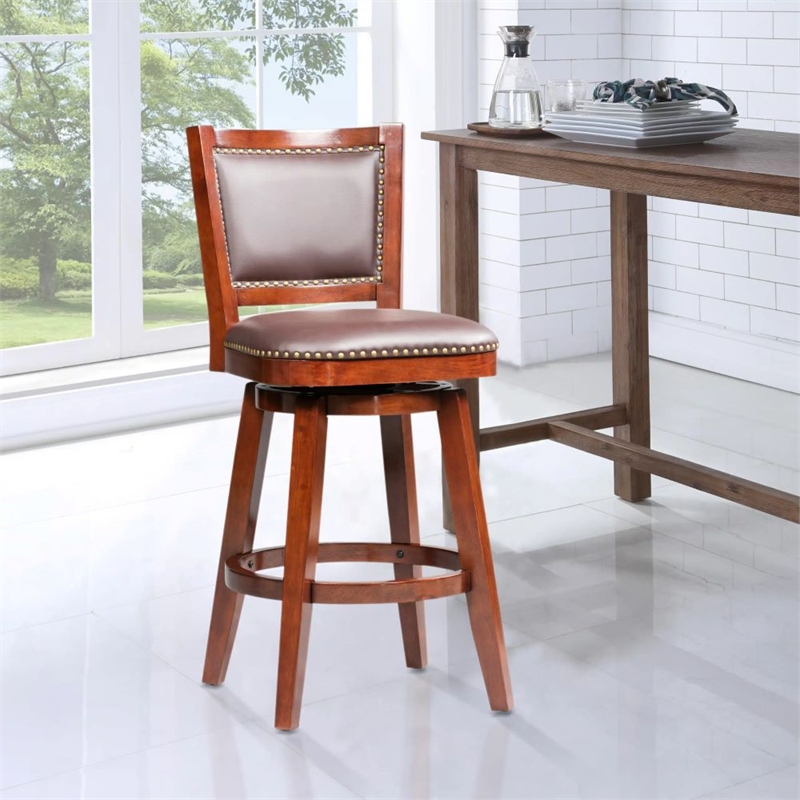 Pemberly Row Rubberwood Swivel Bar Stool with Foam Cushion in Cherry