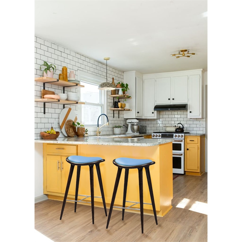 Pemberly Row Rubberwood Bar Stool in Cappuccino with Blue Seat