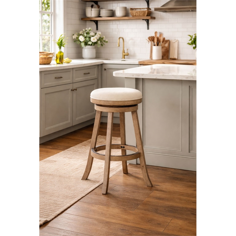Pemberly Row Rubberwood Swivel Bar Stool in Driftwood and Ivory