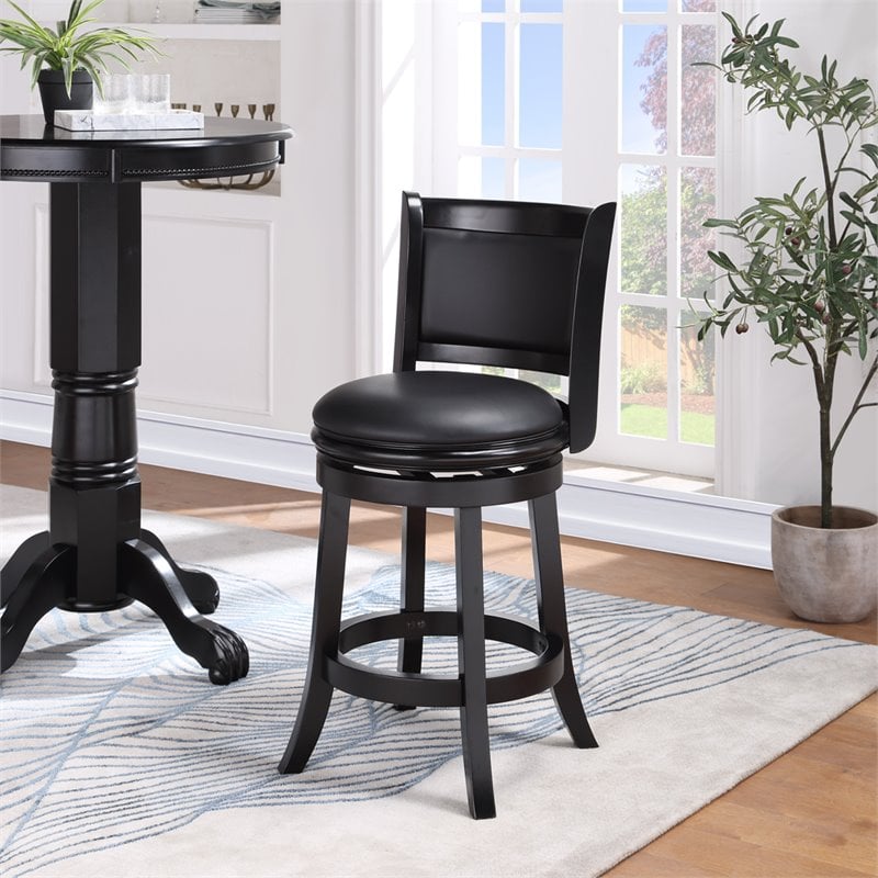 Pemberly Row Hardwood Swivel Counter Stool with Faux Leather in Black