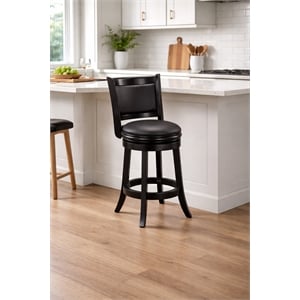 Pemberly Row Hardwood Swivel Counter Stool with Faux Leather in Black