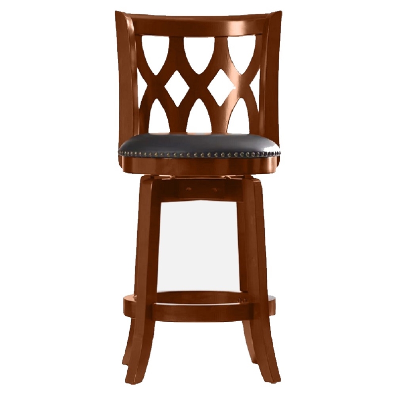Pemberly Row Rubberwood Swivel Counter Stool with Nailheads in Cherry
